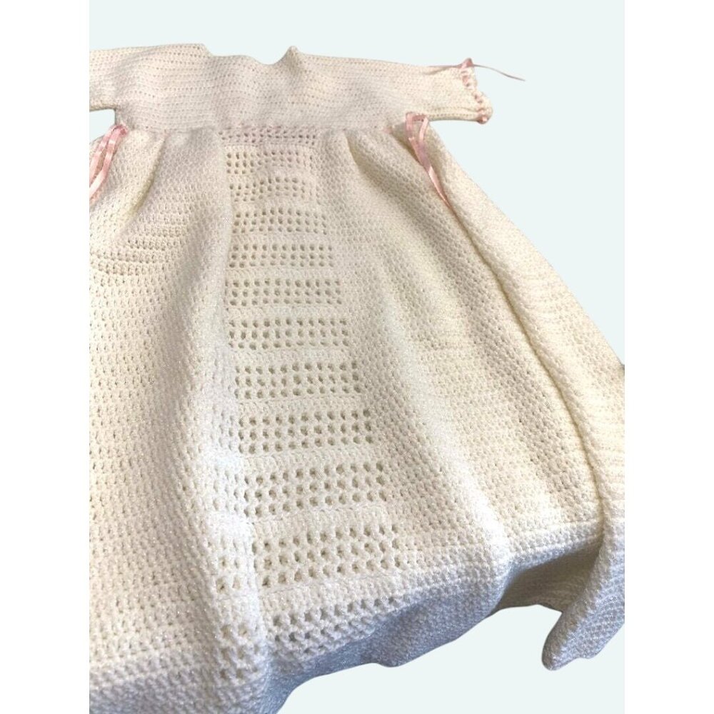 Handcrafted Crochet Baby Christening Gown With Pink Ribbon Accents - Soft Ivory - Picture 4 of 7